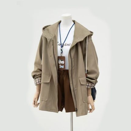 Women's Trench Coat with Hood - Khaki Oversized Utility Style for Petite