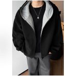 Men's Color Block Zip-Up Hoodie - Black Oversized Casual Jacket